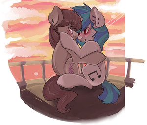 ambiguous_gender balcony blue_hair blush brown_body brown_hair cloud cutie_mark duo ear_piercing eye_contact feral hair horn hug industrial_piercing lens_flare looking_at_another multicolored_hair musical_note musical_symbol piercing purple_eyes red_eyes romantic romantic_ambiance romantic_couple sitting smile sunset symbol tail two_tone_hair white_body lenbow friendship_is_magic hasbro my_little_pony mythology octavia_(mlp) vinyl_scratch_(mlp) earth_pony equid equine horse mammal mythological_creature mythological_equine pony unicorn 2013