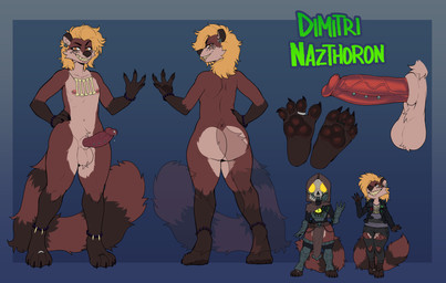 anklet anthro armor balls beads big_butt black_leather_jacket black_nails blonde_hair bodily_fluids bone bone_necklace bottomwear bracelet brown_body brown_fur butt claws clothing colored_nails digit_ring ear_piercing ear_ring erection exposed_thighs feet fishnet_clothing fishnet_legwear frenum_piercing fur genital_fluids genital_piercing genitals gloves_(marking) grin hair handpaw hindpaw hood jewelry leg_markings legwear long_hair male markings mask nails necklace nipple_piercing nipples nude pants paws penis penis_piercing piercing precum ring ring_piercing skull skull_mask smile smug socks_(marking) solo striped_markings striped_tail stripes tail tail_markings thick_thighs toe_ring toes torn_bottomwear torn_clothing torn_pants vein veiny_penis yellow_eyes bitterfucker1 dimitri_nazthoron eldritch_being herpestid mammal mongoose absurd_res hi_res model_sheet