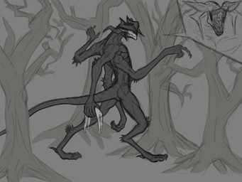 4_arms 6_eyes anthro creepy_face cutaway fangs fangs_bared forest holding_body horn lean_muscle long_limbs long_neck looking_at_viewer macro male mouth_shot multi_arm multi_eye multi_limb muscular muscular_male open_mouth plant pointy_ears scary size_difference slim solo solo_focus tall teeth tree corinoch_(artist) corinoch cryptid hi_res sketch