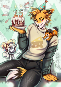 anthro birthday cake chibi clothing dessert fluffy fluffy_tail food fur gift group happy male orange_body orange_fur shirt smile smiling_at_another t-shirt tail topwear trio rogbiejoke elyx_(elyxthefox) jake_(whiskeyj1) patrician_(rogbiejoke) canid canine fox mammal digital_media_(artwork) hi_res
