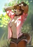 anthro big_breasts blue_eyes bottomwear breasts brown_hair clothed clothing collar denim denim_bottomwear denim_clothing denim_shorts female floppy_ears forest forest_background hair hands_behind_head inner_boob looking_at_viewer markings medium_breasts midriff mole_(marking) nature nature_background navel no_bra open_clothing open_shirt open_topwear outside plant shirt shorts solo tail topwear tree free-opium tera_(wreckedtera) canid canine canis domestic_dog mammal 2023 digital_media_(artwork) hi_res trans_(lore) trans_woman_(lore)