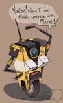 antenna_wire black_text brown_background dialogue humor machine not_furry pose raised_arm shadow simple_background solo speech_bubble text three-quarter_view tire white_body yellow_body d_mew 2k_games borderlands claptrap robot 2020 digital_drawing_(artwork) digital_media_(artwork) english_text full-length_portrait portrait shaded signature soft_shading warm_colors