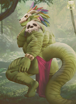 anthro big_breasts bone bone_mask bottomwear breasts butt clothing crouching green_body huge_breasts loincloth male mask muscular muscular_anthro muscular_male nipples pecs rear_view scales skull skull_accessory skull_mask solo striped_body stripes tail yellow_eyes bozi terraria witch_doctor_(terraria) lihzahrd lizard lizardman reptile scalie hi_res