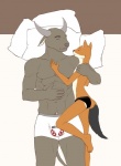 animal_genitalia anthro bed boxer_briefs bulge clothing duo furniture genitals hug knee_on_balls male panties pillow romantic romantic_couple sheath size_difference sleeping underwear 9x9 lena_lardoon liber_souvlakia bovid bovine canid canine dhole mammal true_buffalo water_buffalo