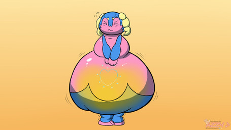 2_horns anthro belly big_belly bladder_bulge bladder_inflation blue_body bodily_fluids eyes_closed female genital_fluids gradient_background hand_on_belly hand_on_own_belly heart_(marking) horn huge_belly hyper hyper_belly hyper_omorashi knock-kneed markings omorashi pink_body shaking simple_background solo trembling urine yellow_body yellow_horn pinkoshawott nintendo pokemon generation_8_pokemon indeedee pokemon_(species) 16:9 widescreen