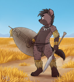 africa anthro balls casual_exposure detailed_background flaccid foreskin fur genitals hair humanoid_genitalia humanoid_penis jewelry male melee_weapon mostly_nude necklace nude penis shield shota sky solo spots sword tribal unretracted_foreskin warrior weapon young young_anthro young_male iztli siphiwe_(iztli) hyena mammal digital_media_(artwork) hi_res shaded