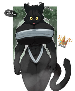 abs anthro bandeau big_breasts black_body black_fur black_hair blep breasts cleavage clothed clothed_anthro clothed_female clothing female fur hair huge_breasts looking_at_viewer muscular muscular_anthro muscular_female solo stated_height tail text thick_thighs tongue tongue_out topwear under_boob yellow_sclera thevarking capcom monster_hunter felid feline lynian mammal 2025 english_text hi_res