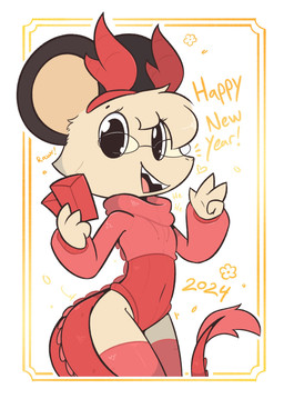 anthro clothing dragon_tail eyewear fake_horns female fur glasses holidays legwear leotard leotard_under_clothing red_envelope solo sweater tan_body tan_fur thigh_highs topwear theartmanor chinese_new_year chinese_zodiac year_of_the_dragon molte mammal murid murine rodent hi_res