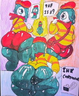 anus anus_focus backsack balls bodily_fluids bulge butt butt_focus femboy genitals ink male multiple_angles nervous rear_view slightly_chubby solo sweat great_hendy blushcrunch_studio dandy's_world blot_(dandy's_world) humanoid absurd_res hi_res traditional_media_(artwork)