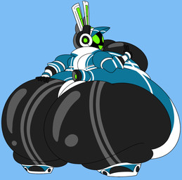 anthro belly big_belly big_breasts big_butt black_body blue_background blue_clothing blue_hat blue_headwear blue_leotard breasts butt clothed clothed_female clothing electronics female gesture green_eyes green_inner_ear green_mouth hand_gesture hand_on_butt hand_on_own_butt hat headgear headphones headset headwear huge_belly huge_breasts huge_butt huge_thighs hyper hyper_belly hyper_breasts hyper_butt hyper_thighs leotard looking_at_viewer looking_back looking_back_at_viewer morbidly_obese morbidly_obese_anthro morbidly_obese_female obese obese_anthro obese_female open_mouth open_smile overweight overweight_anthro overweight_female rear_view simple_background smile smiling_at_viewer solo thick_thighs v_sign white_ears milk-knight project_turboblast tempo_(project_turboblast) lagomorph leporid mammal rabbit robot_anthro 2025 colored digital_media_(artwork) flat_colors hi_res