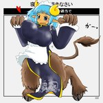 2_horns animal_feet asian_clothing big_breasts black_clothing blue_eyes blue_hair breasts brown_body brown_fur chinese_clothing clothing east_asian_clothing female fur hair hooves horn humanoid_pointy_ears jumping maid_apron maid_headdress simple_background solo tail tail_tuft taotie_pattern template text tuft white_background seirei asian_mythology chinese_mythology east_asian_mythology futaba_channel mythology nijiura_maids toutetsu-san bovid humanoid mammal taotie 1:1 2013 japanese_text