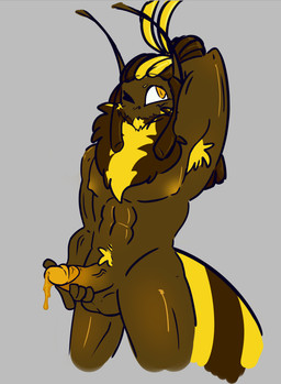 abs antennae_(anatomy) anthro armpit_hair arthropod_abdomen beard biped bodily_fluids body_hair brown_body colored_cum cum dreadlocks erection facial_hair flavored_cum food fur genital_fluids genitals glistening glistening_body grey_background hand_behind_head hand_on_penis honey_(food) honey_cum humanoid_genitalia humanoid_penis male muscular muscular_male nipples one_eye_closed pecs penile penis pose precum pubes simple_background solo standing unusual_bodily_fluids unusual_cum unusual_genital_fluids yellow_body yellow_eyes yellow_nipples yellow_penis horny_luka beelie_(horny_luka) arthropod bee hymenopteran insect digital_drawing_(artwork) digital_media_(artwork)