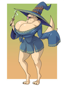 anthro big_breasts breasts cleavage clothed clothing curvy_figure digitigrade female fur hat headgear headwear huge_breasts magic_wand neck_tuft obscured_eyes solo thick_thighs tongue tongue_out tuft wide_hips witch_hat yellow_body yellow_fur spiralingstaircase crema_(diegutan) bird_dog canid canine canis domestic_dog golden_retriever hunting_dog mammal retriever 2026 3:4 absurd_res digital_media_(artwork) hi_res