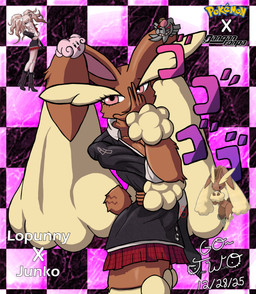accessory anthro big_ears black_clothing black_shirt black_topwear bottomwear brown_body brown_fur cardigan clothing eyebrows female fur hair_accessory hand_on_face jojo_pose looking_at_viewer miniskirt necktie pink_eyes scut_tail shirt short_tail side_view skirt solo stern_look tail text thick_eyebrows topwear go-two danganronpa danganronpa:_trigger_happy_havoc menacing_(meme) nintendo pokemon spike_chunsoft junko_enoshima generation_4_pokemon lagomorph leporid lopunny mammal pokemon_(species) rabbit absurd_res english_text hi_res meme reference_image