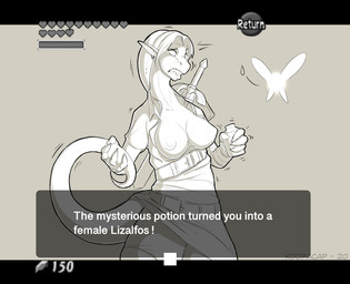 alternate_species ambiguous_gender anthro belt bodily_fluids breasts clenched_teeth clothed clothing crossgender duo female gender_transformation gui hair humanoid_pointy_ears master_sword melee_weapon mtf_transformation nipples pointy_ears simple_background surprised sweat sweatdrop sword teeth text text_box transformation weapon wings koopacap nintendo ocarina_of_time the_legend_of_zelda link navi fairy lizalfos scalie 2020 digital_media_(artwork) english_text monochrome shaded