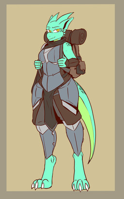 5_fingers anthro armor backpack barefoot breasts feet female fingers green_body horn looking_at_viewer smile solo standing teal_body yellow_eyes the_man screws_(jackie_hiero) kobold scalie 2022 absurd_res full-length_portrait hi_res portrait