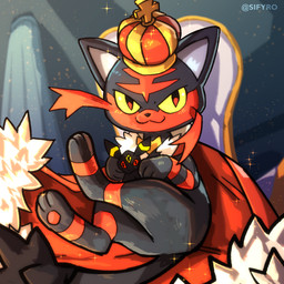 cloak clothing crown feral headgear looking_at_viewer pawpads paws perspective pose quadruped text three-quarter_view blitzdrachin conditional_dnp nintendo pokemon eeveelution felid feline generation_2_pokemon generation_7_pokemon litten mammal pokemon_(species) umbreon 1:1 2023 artist_name digital_drawing_(artwork) digital_media_(artwork) english_text full-length_portrait portrait shaded simple_shading