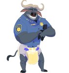 anthro biped black_body blue_clothing blush bodily_fluids brown_eyes clothed clothing diaper genital_fluids horn male police police_officer police_uniform sagging_diaper simple_background smile solo teeth text unclean_diaper uniform urine used_diaper wearing_diaper wet_diaper white_background daire301 disney zootopia chief_bogo bovid bovine cape_buffalo mammal 2021 digital_media_(artwork) english_text