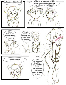 age_difference anthro apron apron_only babysitter bangs biped black_text blush breasts clothed clothing covering covering_self dark_text dialogue eyes_closed female group hair knock-kneed male medium_breasts mostly_nude open_mouth question short_hair sissy_fiddle size_difference small_mouth speech_bubble talking_to_another text young young_anthro younger_male arcc catfiddle maverick_skye canid canine domestic_cat felid feline felis fox mammal black_and_white comic english_text monochrome source_request
