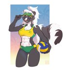 abs anthro ball black_body black_fur bottomwear bra breasts clothing eyewear female fluffy fluffy_tail fur hair hat headgear headwear hotpants looking_at_viewer midriff muscular muscular_anthro muscular_female ponytail shorts smile solo sports_bra sunglasses tail underwear visor_cap volleyball_(ball) volleyball_uniform whiskers white_body white_fur white_hair kaurimoon sonya_mayers mammal mephitid skunk hi_res