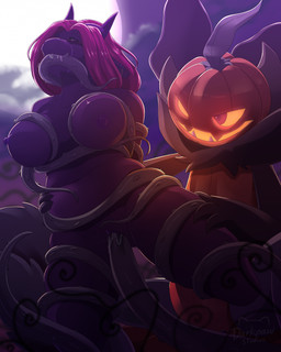 ambiguous_gender anthro black_body black_fur bodily_fluids dominant dominant_ambiguous drooling fangs female for_a_head full_moon fur genital_fluids hair hip_grab humanoid_on_anthro leg_grab moon night nipples oral oral_penetration outside penetration pumpkin_head pupils purple_hair purple_nipples red_eyes saliva sharp_teeth submissive submissive_anthro submissive_female teeth tentacle_in_mouth tentacle_penetration tentacles thick_thighs thigh_grab vaginal_fluids vine_tentacles yellow_sclera yoko_darkpaw tcg_card_shop_simulator aryadne_milagros humanoid jacktern object_head tetramon veyan hi_res