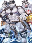 abs accessory anthro asian_clothing bottomwear clothing duo east_asian_clothing eyebrows headband japanese_clothing kimono loincloth male muscular muscular_anthro muscular_legs muscular_male nipples one_eye_closed pecs thick_eyebrows towel wink kemo_kemo56 lifewonders tokyo_afterschool_summoners horkeu_kamui_(tas) zhurong_(tas) ailurid canid canine canis mammal red_panda wolf 3:4 absurd_res hi_res multiple_images