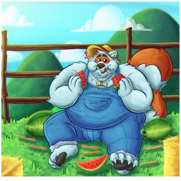 anthro belly big_belly clothing eating feet food fruit hat headgear headwear heart_symbol male melon mountain overweight overweight_male plant sitting solo straw_hat watermelon watermelon_slice 06junior11 mammal procyonid raccoon 1:1 2025 hi_res