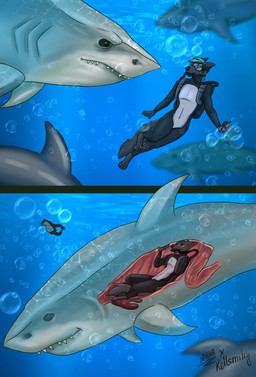 anthro eyewear feral goggles internal macro male micro organs scuba sea stomach underwater vore water wetsuit naha_draw aquatic canid canine canis fish mammal shark wolf hi_res