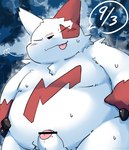 anthro belly blush chubby_cheeks erection eyes_closed genitals kemono male moobs overweight overweight_male penis red_body solo tongue tongue_out white_body wanisuke nintendo pokemon generation_3_pokemon pokemon_(species) zangoose 2022 censored