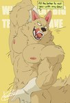 abs anthro biceps clothing fur gloves gloves_only handwear handwear_only male mostly_nude muscular muscular_anthro muscular_male nipples solo tail teeth text tongue crimenes dragon_ball canid canine canis mammal wolf english_text hi_res