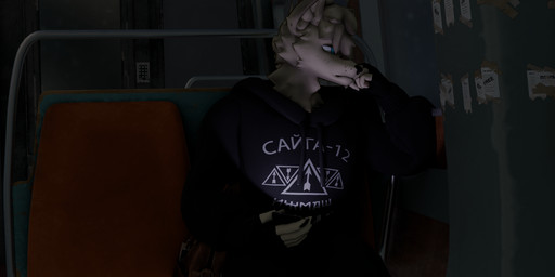 anthro band-aid bandage bandage_on_face cellphone clothed clothing dark_lighting electronics fur hair holding_object hoodie inside_train male phone sitting smartphone solo text text_on_clothing topwear window killercanid cosmuspicklus_(modeler) simon_(killercanid) canid canine canis domestic_dog mammal spitz yakutian_laika 3d_(artwork) digital_media_(artwork) hi_res