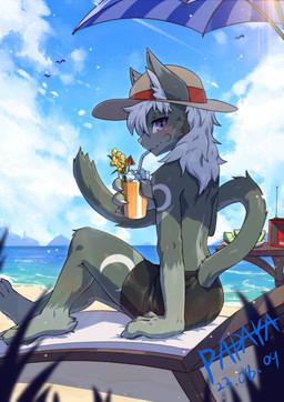 anthro beach beverage black_bottomwear black_clothing black_shorts blue_sky blush bottomwear cheek_tuft clothed clothing day drinking electronics facial_tuft fangs fur grey_body grey_fur hair holding_beverage holding_object looking_at_viewer male mouth_closed outside purple_eyes radio seaside shorts side_view sitting sky solo teeth topless tuft water wearing_hat white_hair papayafurry ambient_bird felid mammal 2023 dated hi_res signature