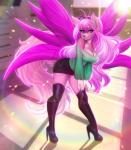 accessory ahoge anthro biped blue_eyes boots breasts clothed clothing crystal eyelashes female footwear fur furniture hair headband high_heeled_boots high_heels legwear long_hair looking_at_viewer pink_body pink_fur purple_hair shoes simple_background smile solo thigh_boots thigh_highs topwear white_body white_fur wings adorableinall mariah_veiethe canid canine canis mammal wolf digital_media_(artwork)