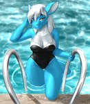 5_fingers anthro biped blue_body blue_skin blue_tail breasts brown_eyes clothed clothed_anthro clothed_female clothing female fingers front_view hair looking_at_viewer one-piece_swimsuit partially_submerged pool solo standing swimwear tail text water wet wet_body white_hair mykegreywolf mythology dragon mythological_creature mythological_scalie scalie 2024 absurd_res digital_media_(artwork) english_text hi_res