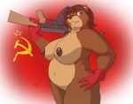 ak-47 ak_platform anthro assault_rifle belly big_breasts breasts clothing female flag gloves gloves_only grin gun hammer_and_sickle hand_on_hip handwear handwear_only holding_assault_rifle holding_gun holding_object holding_ranged_weapon holding_rifle holding_weapon looking_up mostly_nude nipples overweight overweight_anthro overweight_female ranged_weapon rifle russia russian smile solo soviet_union weapon spotty_the_cheetah jsc_kalashnikov_concern kalashnikov natasha_(spotty_the_cheetah) bear mammal