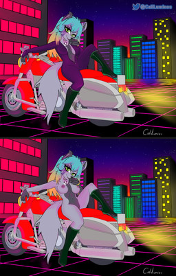 anthro areola barely_visible_genitalia barely_visible_vulva black_body black_countershading black_markings blonde_hair blue_hair boots bracelet breasts clothing countershade_torso countershading female fingerless_(marking) fingerless_gloves_(marking) fluffy fluffy_tail footwear genitals gloves_(marking) green_eyes hair inner_boob jewelry knee_boots knee_highs leaning leaning_backward legwear long_hair markings medium_breasts multicolored_hair navel nipples pink_body pink_tail purple_areola purple_clothing purple_hair purple_nipples purple_suit shoes sitting smile solo suit synthwave tail vulva caliluminos canid canine canis mammal wolf absurd_res digital_drawing_(artwork) digital_media_(artwork) hi_res multiple_images nonbinary_(lore)