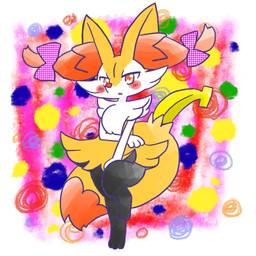 :o accessory ambiguous_anthro ambiguous_gender anthro banana big_tail biped blush blush_stickers bow_ribbon digitigrade dipstick_tail food front_view fruit hair_accessory hair_bow hair_ribbon looking_at_viewer markings object_in_tail on_one_leg open_mouth plant ribbons snout solo standing tail tail_markings annyui0611 nintendo pokemon braixen canid generation_6_pokemon mammal pokemon_(species) 1:1 2024 digital_drawing_(artwork) digital_media_(artwork) full-length_portrait hi_res japanese_description portrait translated_description