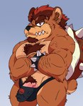 anthro black_nose bowser_logo brown_body brown_fur bulge clothing fur genitals humanoid_genitalia humanoid_hands humanoid_penis male muscular muscular_male penis pubes solo underwear lewdookami mario_bros nintendo bowser bear koopa mammal scalie 2021