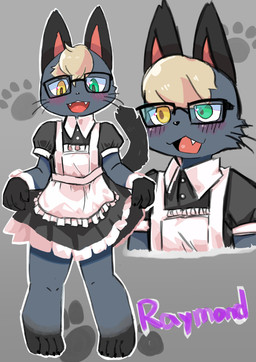 4_fingers 4_toes anthro apron black_body black_ears black_fur black_nose black_tail blonde_hair blue_body blue_fur blush clothing eyewear fangs feet fingers fur glasses green_eyes hair head_tuft heterochromia looking_down maid_uniform male multicolored_body multicolored_fur open_mouth open_smile rectangular_glasses smile solo standing tail teeth toes tuft two_tone_body two_tone_fur uniform whiskers yellow_eyes aya_tsuji animal_crossing nintendo raymond_(animal_crossing) domestic_cat felid feline felis mammal absurd_res digital_media_(artwork) hi_res