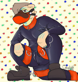 andromorph bone_pattern boots clothing collar collar_ring colored_nails cuff_(restraint) footwear fur handcuffed handcuffs intersex latex latex_clothing latex_skinsuit metal_cuffs muzzle_(object) muzzled nails orange_body orange_fur restraints shoes skinsuit solo tight_clothing yellow_body yellow_fur moblie moblie_(character) mammal mustelid otter hi_res