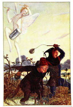 ambiguous_gender antennae_(anatomy) art_nouveau bottle clothing cloud container day drum drummer drumming drumstick_(musical) fool's_hat group hair hat headgear headwear historical holding_object insect_wings male musical_instrument outside percussion_instrument plant shirt sky swamp topwear trio tunic water white_hair wings paul_vincent_woodroffe the_tempest william_shakespeare fairy human humanoid mammal 1908 20th_century ancient_art hi_res traditional_media_(artwork)