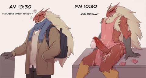 anthro apron apron_only backpack balls blue_eyes blush bodily_fluids bottomwear claws clothed clothing condom cum cum_on_self dialogue emanata erection feet filled_condom finger_claws fur genital_fluids genitals heart_symbol humanoid_genitalia humanoid_penis jacket male mostly_nude muscular muscular_anthro muscular_male pants partially_clothed penis red_body red_fur scarf scuted_arms scutes sexual_barrier_device simple_background solo talking_to_viewer talon_hands talons text time_skip toes topwear wearing_condom white_background yellow_body yellow_fur yellow_sclera disiwjd nintendo pokemon avian blaziken generation_3_pokemon pokemon_(species) digital_media_(artwork) english_text hi_res