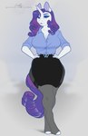 anthro anthrofied big_breasts blue_eyes bottomwear breasts cleavage clothed clothing eyebrows eyelashes eyeshadow female fingers hair hands_on_hips horn legwear long_hair makeup pantyhose purple_hair purple_tail skirt solo tail text topwear white_body wide_hipped_female wide_hips evehly friendship_is_magic hasbro my_little_pony mythology rarity_(mlp) equid equine mammal mythological_creature mythological_equine unicorn full-length_portrait portrait signature url