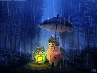 age_difference ambiguous_gender anthro black_body black_eyes black_fur clothing coat duo fur grey_body grey_fur lamp lantern outside plant raincoat raining size_difference text topwear tree umbrella white_body white_fur young young_ambiguous young_anthro piper_thibodeau mammal procyonid raccoon 2019 digital_media_(artwork) digital_painting_(artwork) painting_(artwork) url