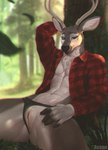 andromorph anthro blue_eyes clothed clothing clothing_aside flat_chested genitals green_clothing green_panties green_underwear intersex intersex_anthro outside panties panties_aside pussy sitting solo spread_legs spreading underwear underwear_aside acupa jayne_doe cervine deer mammal absurd_res hi_res