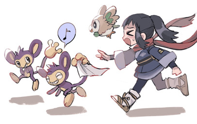 ambiguous_gender anthro beak black_hair bodily_fluids clothing clothing_theft embarrassed eyes_closed feathered_wings feathers female feral flying footwear fur group hair purple_body purple_fur scarf shoes simple_background stealing sweat tan_body tan_feathers toothy_grin wings 1south3927 nintendo pokemon pokemon_legends_arceus akari_(pokemon) aipom avian bird generation_2_pokemon generation_7_pokemon human mammal owl pokemon_(species) primate rowlet 2022 hi_res