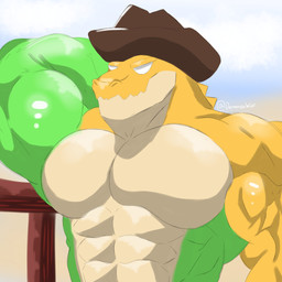 abs anthro big_muscles candy clothing cowboy_hat dessert empty_eyes food green_body hand_behind_head hat headgear headwear male muscular muscular_anthro muscular_arms muscular_male neck_ridge outside pecs sky solo text white_eyes yellow_body dermorslix glitch_productions the_amazing_digital_circus gummigoo_(tadc) crocodile crocodilian food_creature living_candy reptile scalie 1:1 digital_media_(artwork) half-length_portrait hi_res portrait url