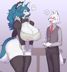 5_fingers accessory anthro beverage big_breasts black_clothing black_legwear black_thigh_highs blue_body blue_eyebrows blue_fur blue_hair blush blush_lines bodily_fluids breasts bulge circle_eyebrows cleavage clothed clothing container countershading cup curvy_figure cute_fangs duo erection erection_under_clothing eyebrows eyes_closed fangs female fingers fur genital_fluids glistening_eyelids grey_body grey_clothing grey_eyebrows grey_fur grey_topwear grey_vest hair heart_symbol holding_container holding_cup holding_object huge_breasts kemono lactating lactating_through_clothing larger_female legwear leotard long_hair maid_uniform male multicolored_body multicolored_fur necktie nipple_outline open_mouth open_smile red_necktie sharp_teeth size_difference smaller_male smile squish standing stockings sweat teeth thick_thighs thigh_highs thigh_squish topwear two_tone_body two_tone_fur two_tone_tail uniform vaginal_fluids vest voluptuous voluptuous_anthro voluptuous_female wet wet_clothing white_body white_fur white_hair white_inner_ear wide_hips sususuigi wolf_maid_(sususuigi) canid canine canis mammal wolf digital_media_(artwork) hi_res pictographics shaded signature