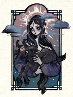 alternative_fashion ambiguous_gender black_body black_fur black_hair clothed clothing cloud cross duo female feral fur goth hair halo horizontal_pupils inverted_cross occult_symbol pentacle pentagram pupils religion symbol feefal christianity virgin_mary bovid caprine goat human mammal digital_media_(artwork) hi_res