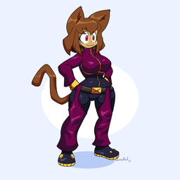 anthro big_breasts bodysuit breasts brown_hair clothing cosplay female hair red_eyes skinsuit smile solo tail tight_clothing gunshad gameoverse glitch_productions kit_bodega domestic_cat felid feline felis mammal absurd_res hi_res tagme